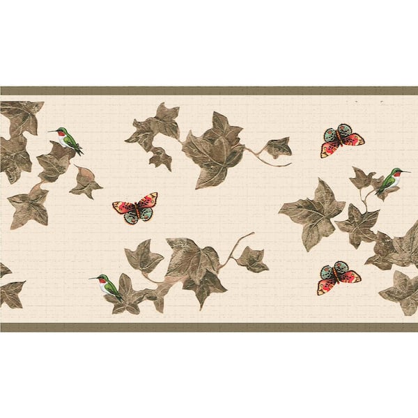 Dundee Deco Falkirk Dandy II Green Tan Leaves and Butterflies Nature Peel and Stick Wallpaper Border