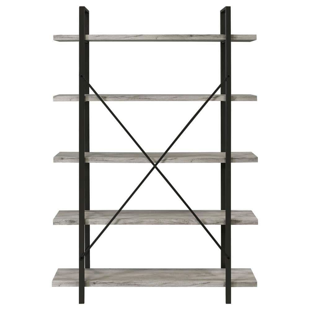 70" Gray Driftwood and Gunmetal 5-Shelf Bookcase