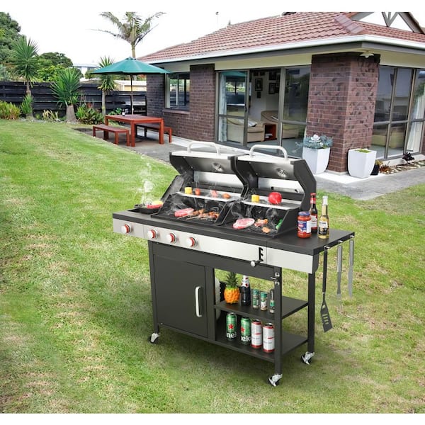 3-Burner Built-In Propane and Charcoal Grill w/ Side Burner Combo in Black and Silver, w/ Thermometer and Condiment Rack