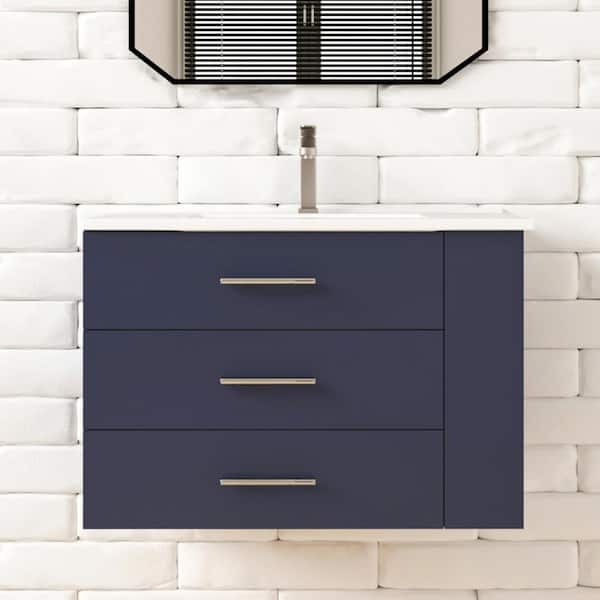 Rita 30.25 in. Single Sink Wallmount Bath Vanity with White Ceramic Countertop in Marine Blue with Right Side Shelf