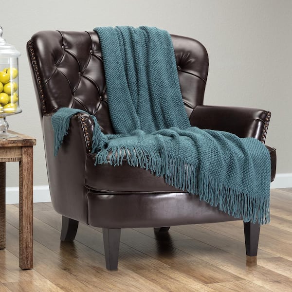 CHANASYA Textured Knit Teal Acrylic Throw Blanket with Tassels, 50 x 65 in.