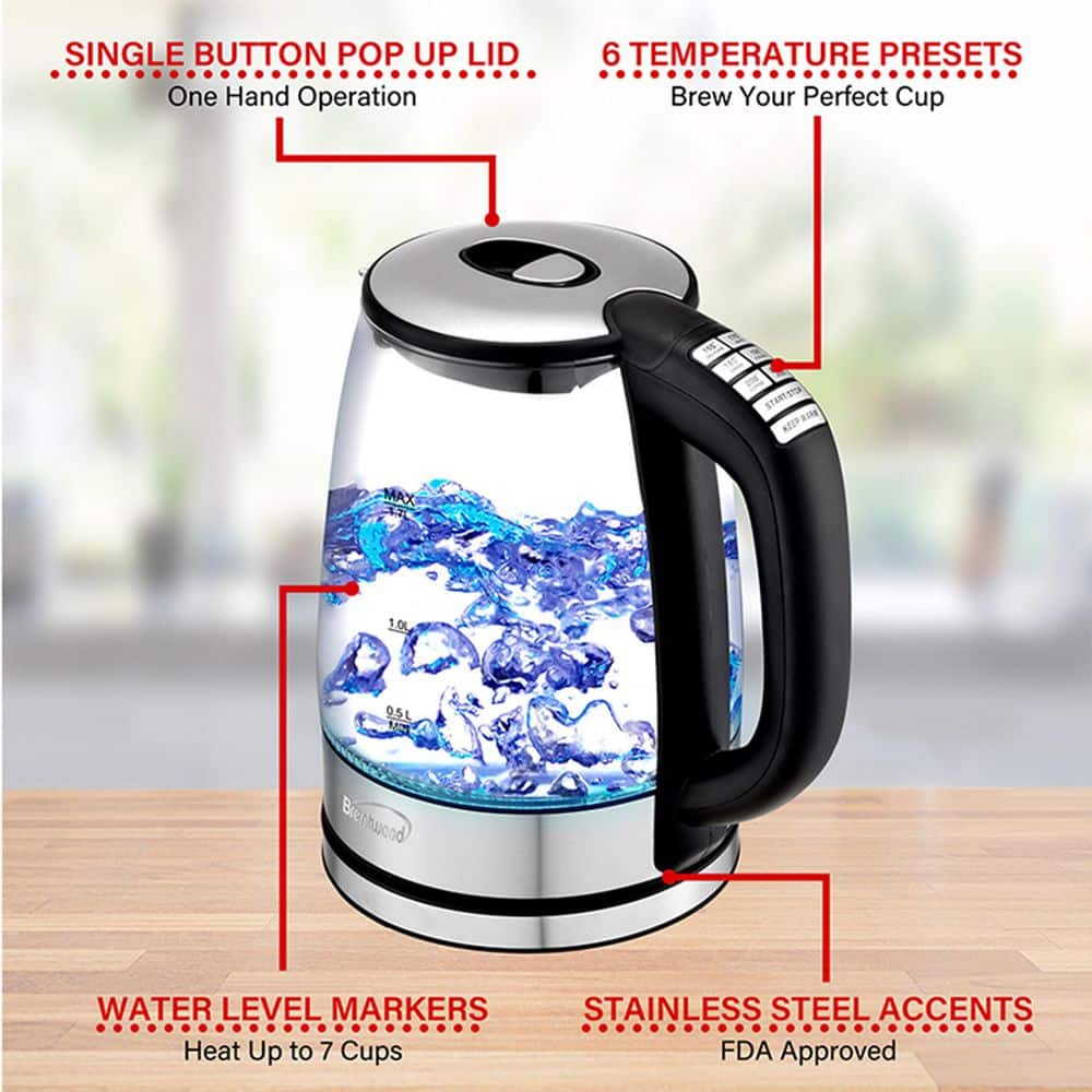 Brentwood 1.79-Qt Black Glass Electric Kettle with LED Light