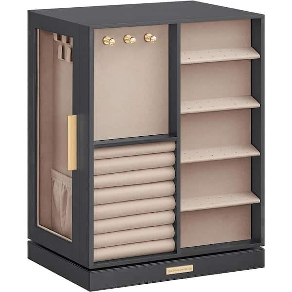 Afoxsos 6.3"D x 8.7"W x 11.2"H, Slate Gray MDF Rotating Jewelry Storage Box Organizer with 5 Drawers and Glass Window