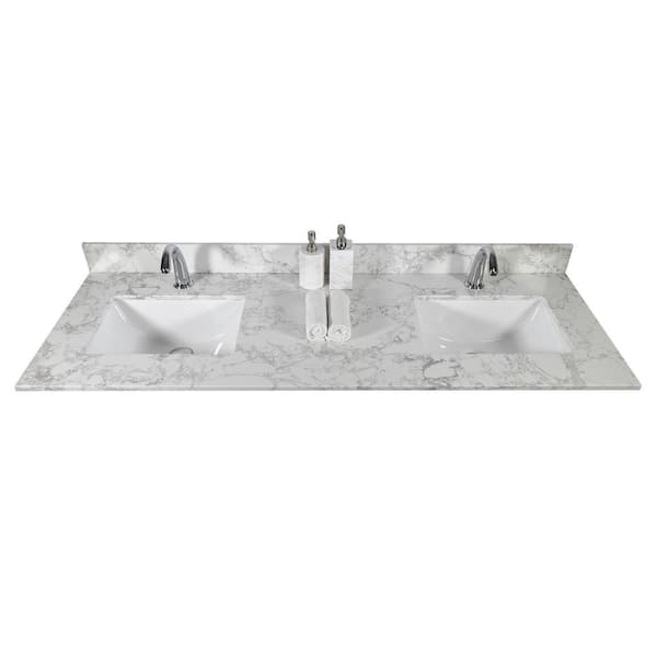 AOPSPS 61 in. W x 22 in. D Marble Vanity Top in Gray with White Rectangular Double Sink