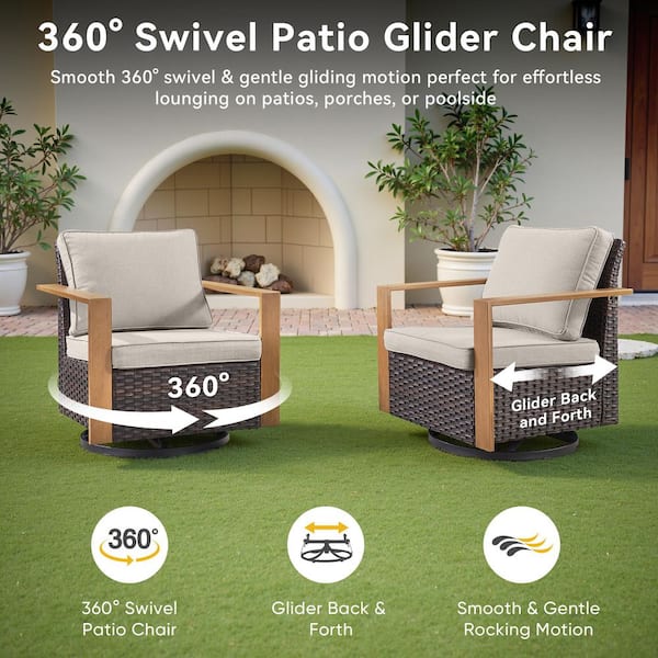 Kove Brown Wicker 5-Piece Patio Conversation Set Outdoor Sectional Seating Set with Matal Ottoman and Beige Cushion