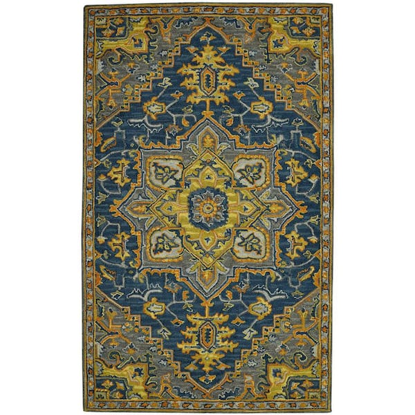 5 ft. x 8 ft. Blue Gray And Orange Wool Medallion Hand Tufted Area Rug