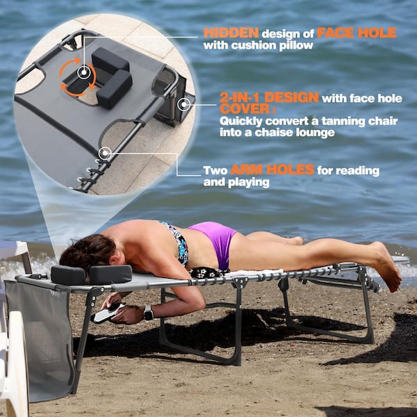 Chaise Lounge Chairs for Outside Tanning Chair with Face Hole, Pillow and Side Pocket, Dark Gray