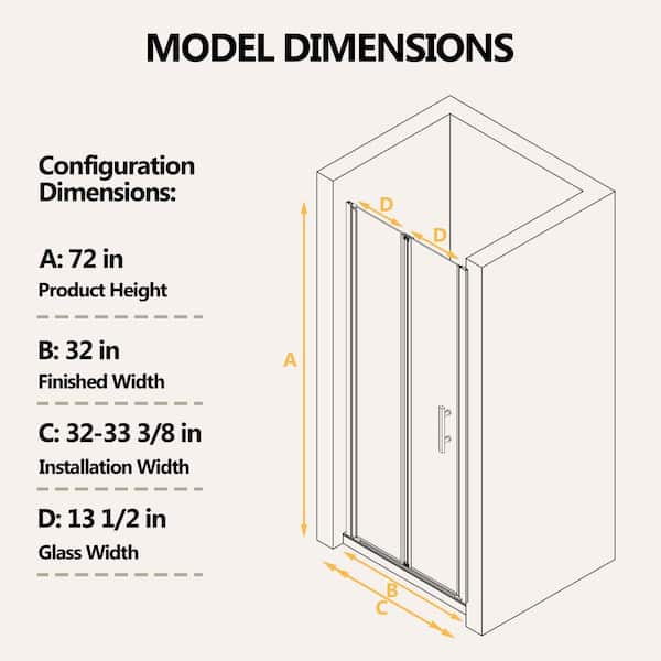 Zeafive 32 to 33.25 in. W x 72 in. H Frameless Shower Door