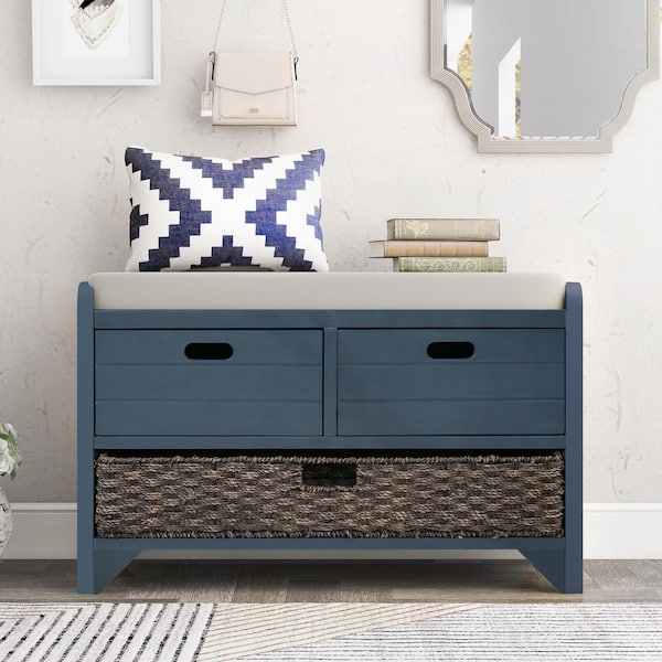 20 in. H x 32 in. W Navy Blue Soild Wood Shoe Storage Bench with Removable Basket and 2-Drawer