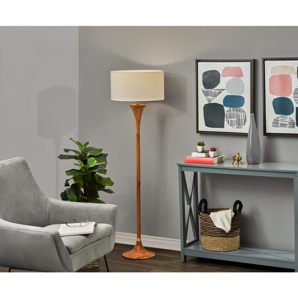 Elegant Natural Rubberwood Floor Lamp with Antique Brass Accent