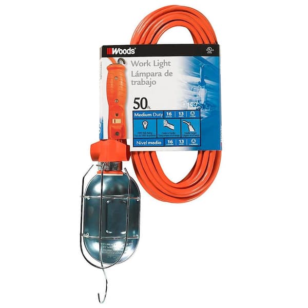 Woods 75-Watt 50 ft. 16/3 SJTW Incandescent Portable Heavy-Duty Guarded Trouble Work Light with Hanging Hooks