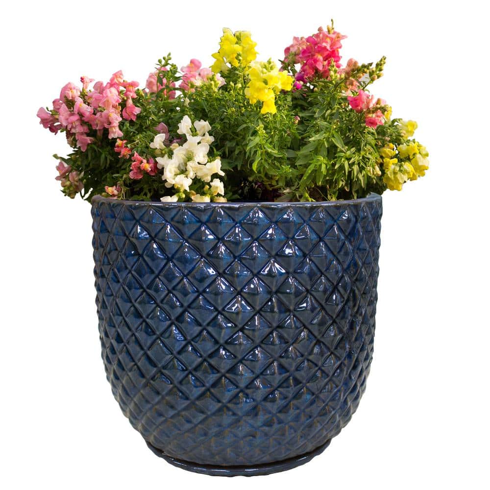 Vigoro Preston Large Blue Ceramic Planter with Attached Saucer and Drainage Holes (18 in. L x 18 in. W x 18 in. H) CR00869S-180M