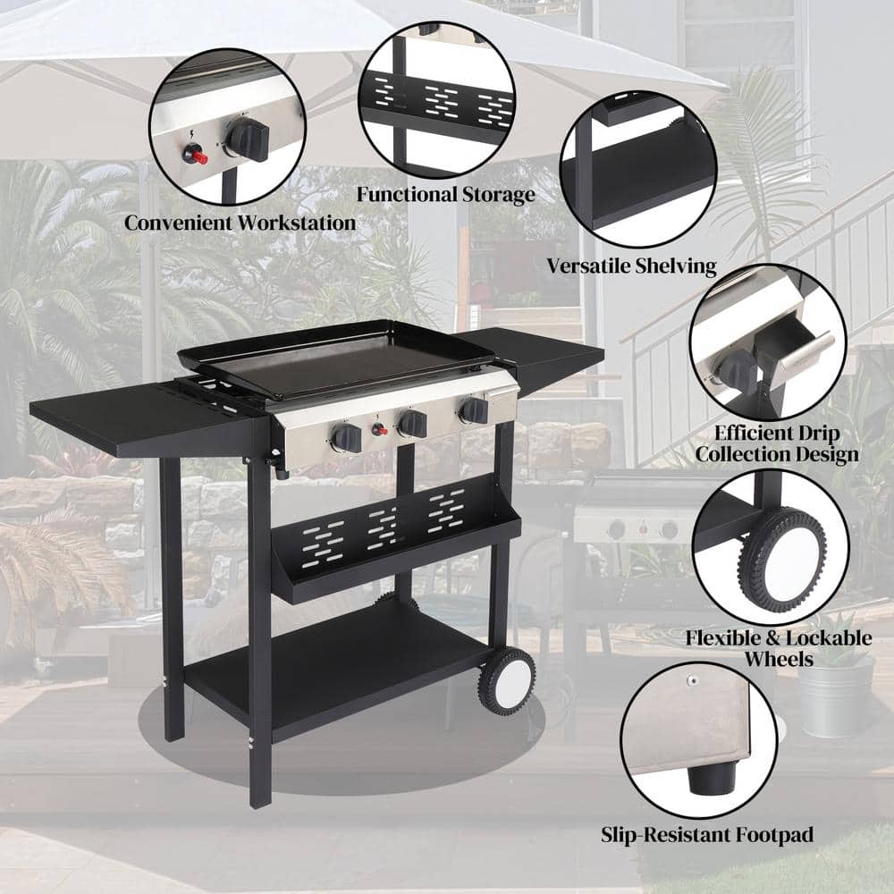 Black 3-Burner Propane Gas Griddle Cooking Station with Folding Shelves