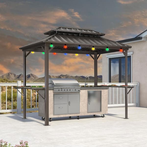 PURPLE LEAF 6 ft. x 9 ft. Hardtop Grill Gazebo for Patio Aluminum Barbecue Shelter Gazebo, Hooks, Shelves Double Tiered 12-Ligths