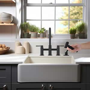 Double Handle Bridge Kitchen Faucet with Side Sprayer in Matte Black