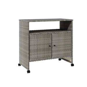 Outdoor Large Rolling Wicker Bar Counter Table Patio Serving Bar Cart with Storage for Poolside, Porch, Party, Backyard