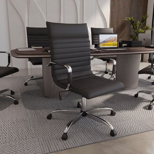 Leisuremod Harris High-Back Leather Office Chair Chrome Frame Adjustable Height, Swivel, Tilt Conference Chair in Black