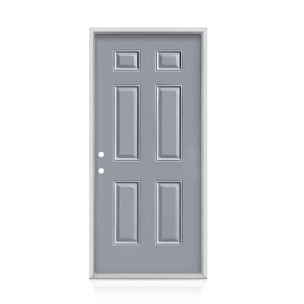 36 in. x 80 in. 6-Panel Right-Hand/Inswing Light Gray Exterior Steel Prehung Front Door No Brickmold