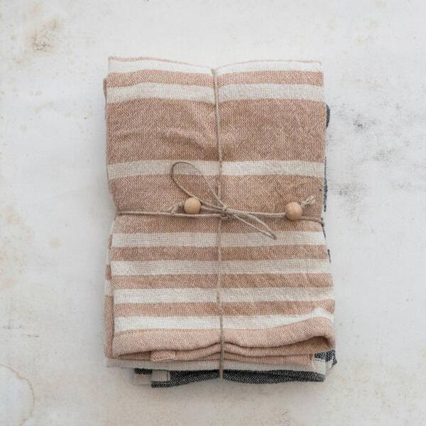 Storied Home Multi Striped Cotton Tea Towel with Ruffle (Set of 3