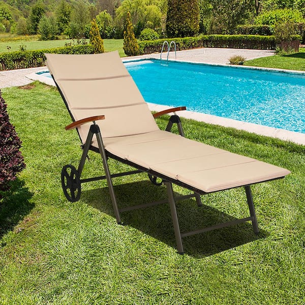 Costway Folding Back Adjustable Aluminum Rattan Patio Outdoor Lounge Chair without Cushion Recliner with Wheels in Brown