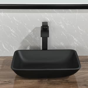 Black Glass Rectangular Bathroom Vessel Sink with Black Faucet and Pop-Up Drain in Black