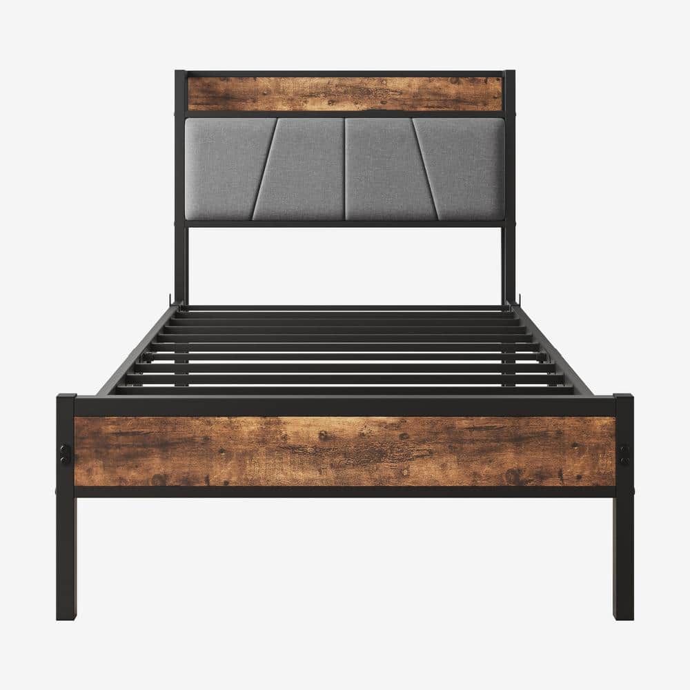 Modern Industrial Black Metal Frame Twin Platform Bed with Upholstered Storage Headboard, USB Ports Charging Station price history on PriceWatchPro