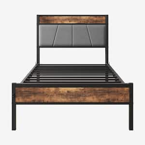 Modern Industrial Black Metal Frame Twin Platform Bed with Upholstered Storage Headboard, USB Ports Charging Station