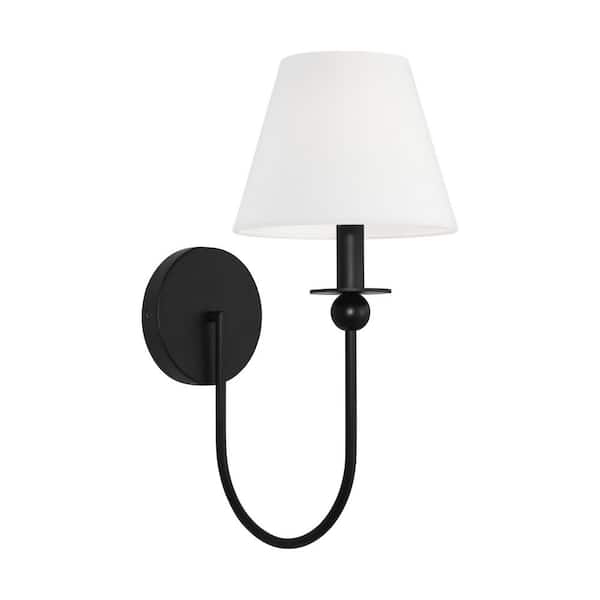 SCOTT LIVING Elsay Small 1-Light Midnight Black Wall Sconce with White Linen Shade