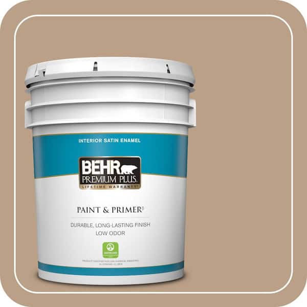 BEHR PREMIUM PLUS 5 gal. #ICC-52 Cup of Cocoa Satin Enamel Low Odor Interior Paint & Primer
