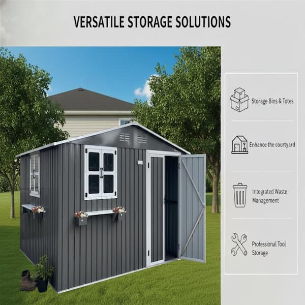 10x8 FT Gray Metal Heavy Duty Outdoor Storage Shed with 3 Windows