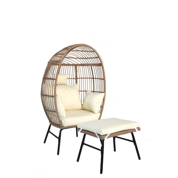 Sudzendf Brown Wicker Outdoor Basket Chair Patio Swing Egg Chair with Beige Cushions and Footstool