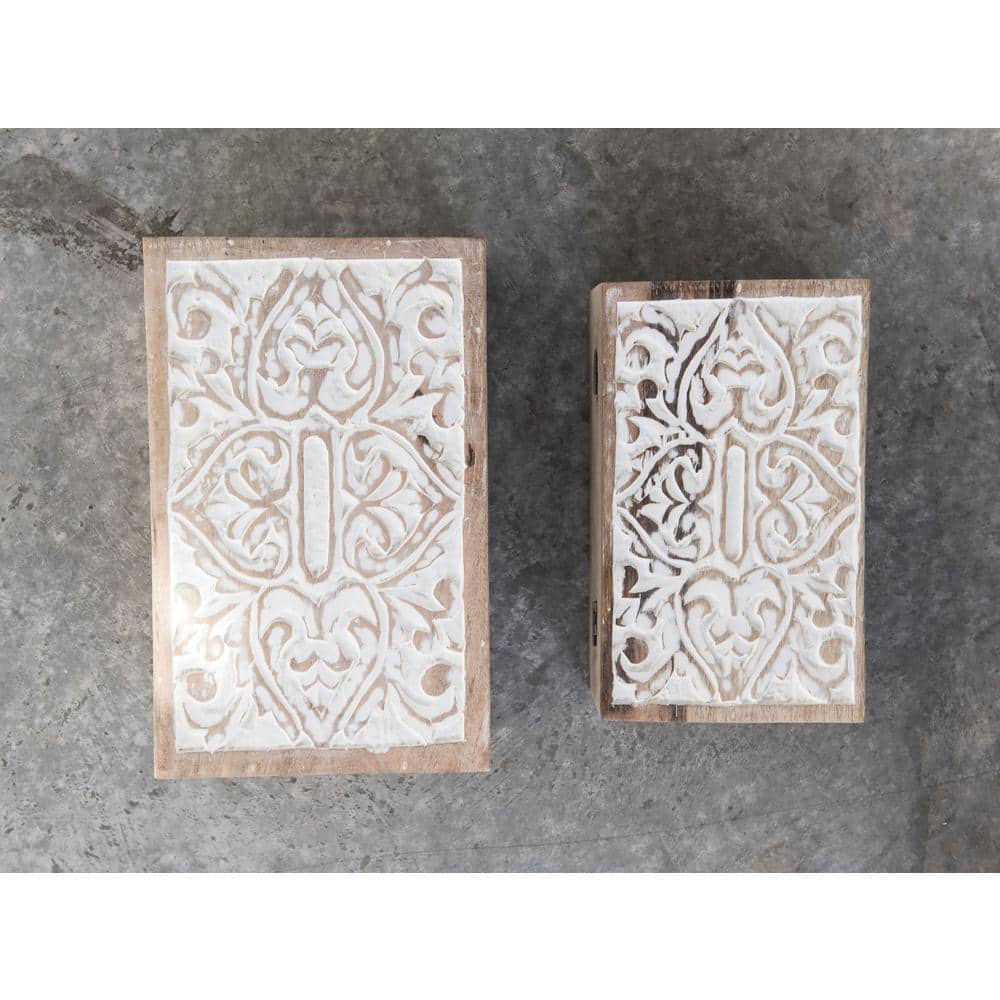 Set of 2 Whitewashed Mango Wood Lidded Storage Boxes