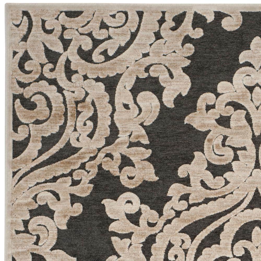 8' x 10' Black Floral Wool and Viscose Rug