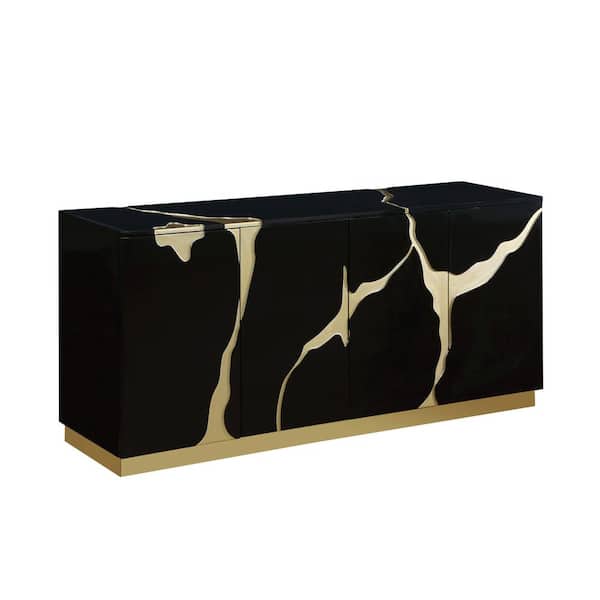 Best Master Furniture Sanford Black Lacquer Wood 65 in. L High Gloss with Gold Accent Modern-Sideboard