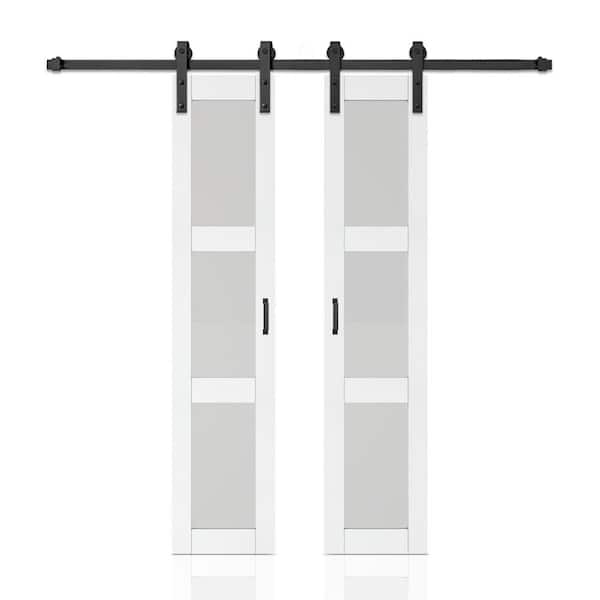 36 in. x 84 in. 3-Lite Tempered Frosted Glass White Finished Composite Double Sliding Barn Door with Hardware Kit Handle