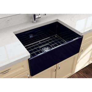 Contempo Farmhouse/Apron-Front Fireclay 27 in. Single Bowl Kitchen Sink with Bottom Grid and Strainer in Sapphire Blue