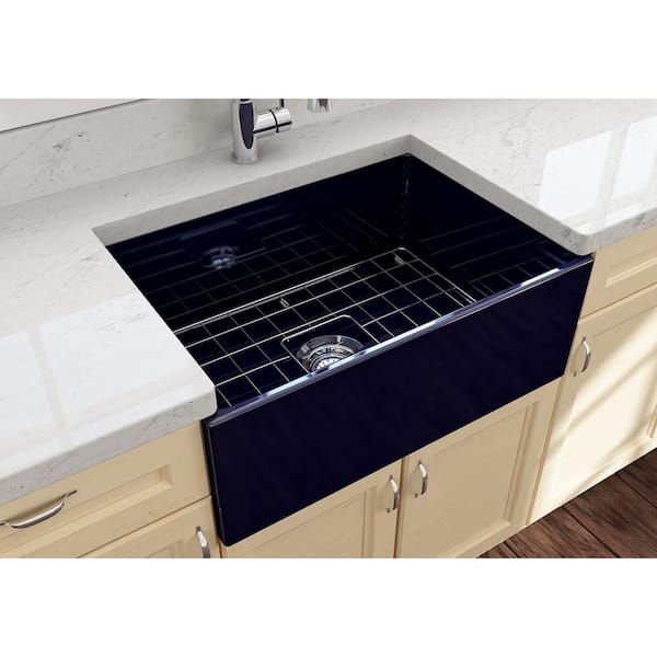 Contempo Farmhouse/Apron-Front Fireclay 27 in. Single Bowl Kitchen Sink with Bottom Grid and Strainer in Sapphire Blue