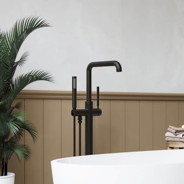 2-Handle Claw Foot Tub Faucets Floor Mount Freestanding Tub Faucet Bathtub Filler with Hand Shower in Matte Black