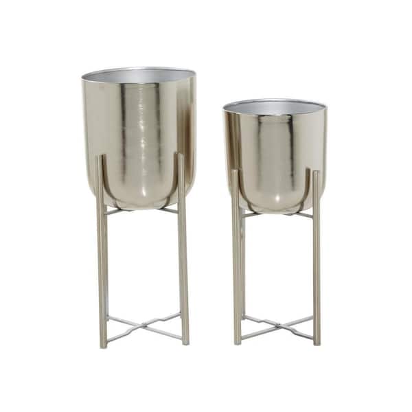 22 in., and 19 in. Large Silver Metal Indoor Outdoor Deep Recessed Dome Planter with Removable Stand (2- Pack)