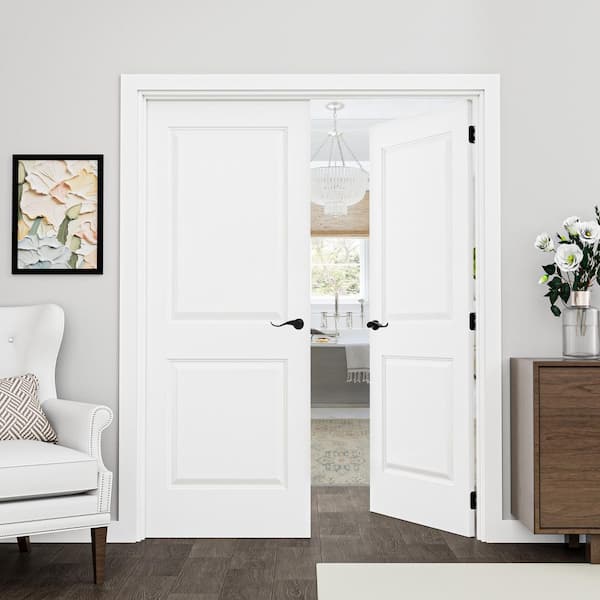 56 in. x 80 in. 2-Panel Universal-Handed White Hollow Core Wood Double Prehung French Door+ Quick Assemble Jamb