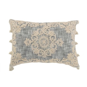 Frame Gray and Ivory Floral Medallion Classic Poly-Fill 20 in. x 14 in. Throw Pillow