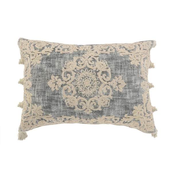 Unbranded Frame Gray and Ivory Floral Medallion Classic Poly-Fill 20 in. x 14 in. Indoor Throw Pillow