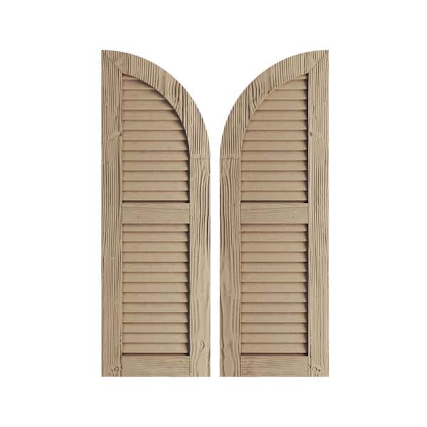 Ekena Millwork 12" x 36" Timberthane Polyurethane Sandblasted 2-Equal Louvered Quarter Round Arch Top Faux Wood Shutters Pair in Primed