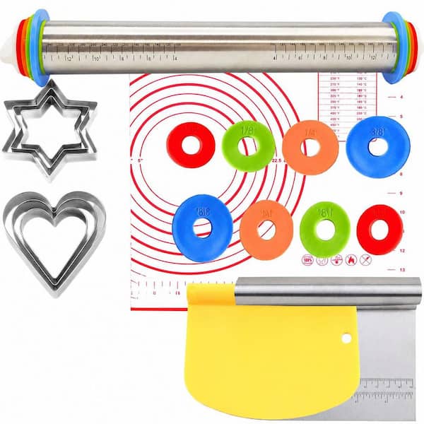 Adjustable Stainless Steel Rolling Pin Set with Silicone Pastry Mat, Thickness Rings and Baking Accessories