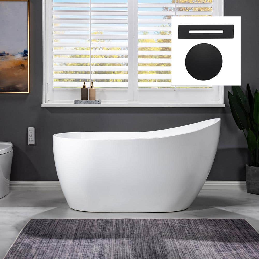 54" White Acrylic Freestanding Slipper Soaking Tub with Matte Black Trim