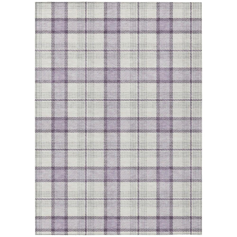 Lavender Plaid Washable Synthetic Indoor/Outdoor Rug