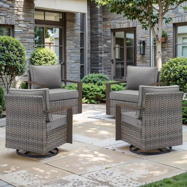 CubeEdge Gray Wicker Outdoor Swivel Glider with Gray Cushions and Square Metal Armrest Patio Swivel Rocker (4-Piece)