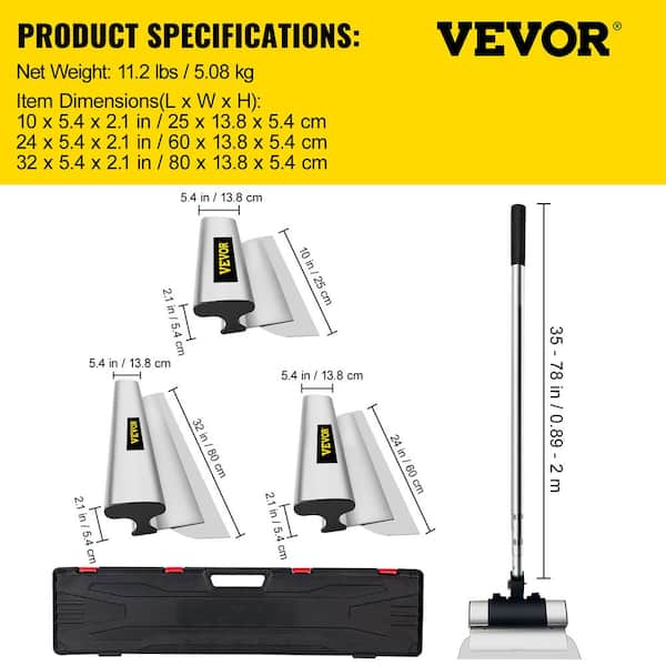 VEVOR Drywall Skimming Blade Set 10 In. 24 In. 32 In. Blades and 35 In. to 78 In. Extension Handle Stainless Steel Knife