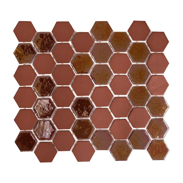 2 in. Hexagon Maroon 12.5 in. x 10.75 in. Glossy and Matte Glass Mosaic Tile (10.26 sq. ft. /Case)
