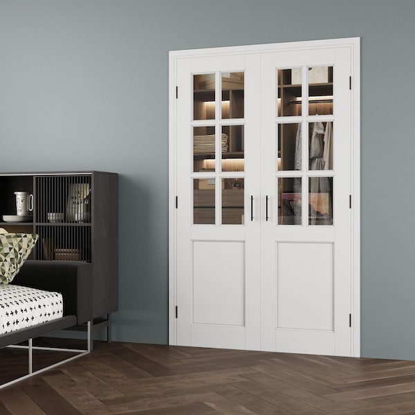 48 in. x 80 in. 6-Lite Clear Glass Universal White Solid Core Glass Double Prehung French Door+ Quick Jamb&Ball Catch